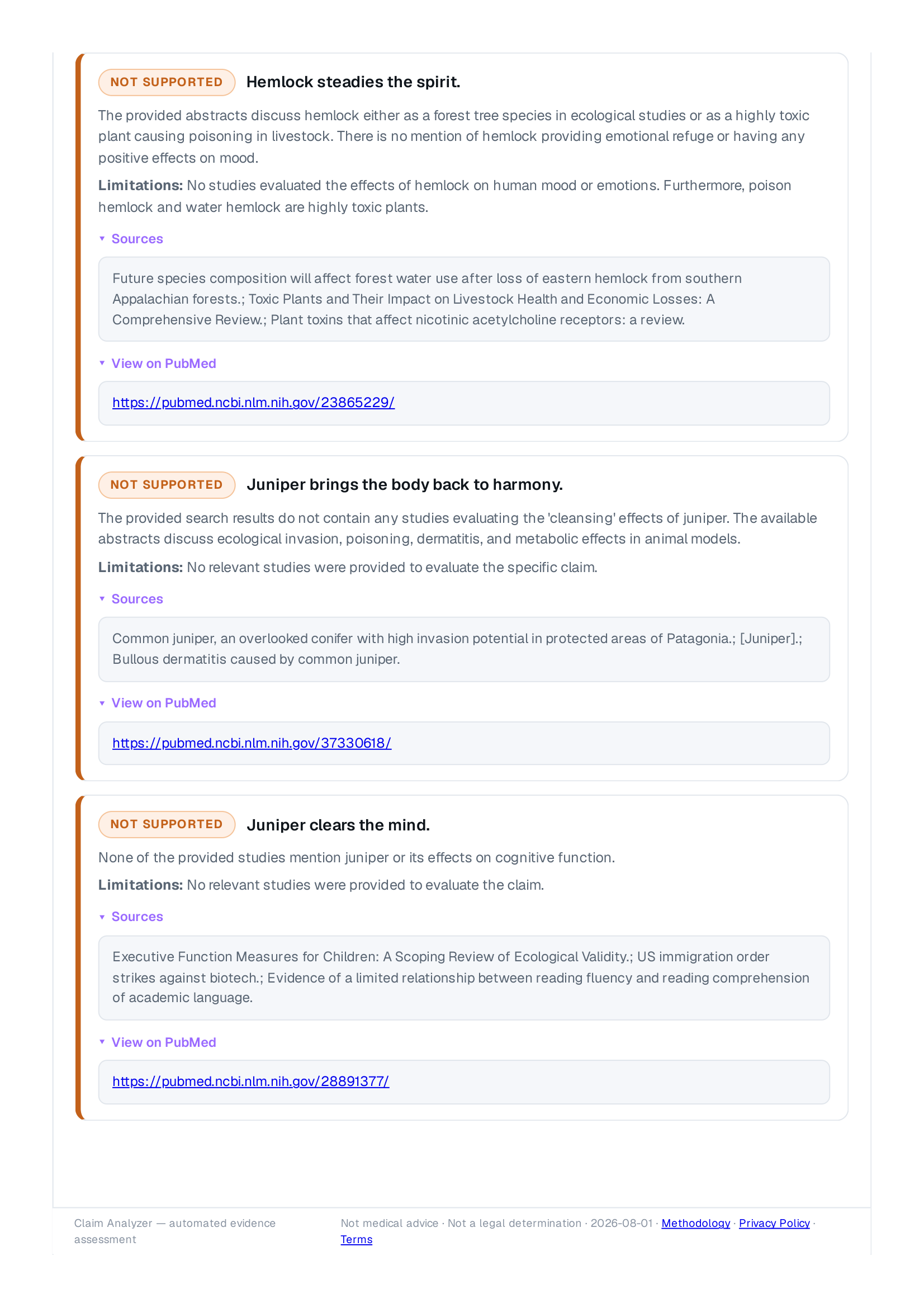 Evidence & sources page of a ClaimScan report