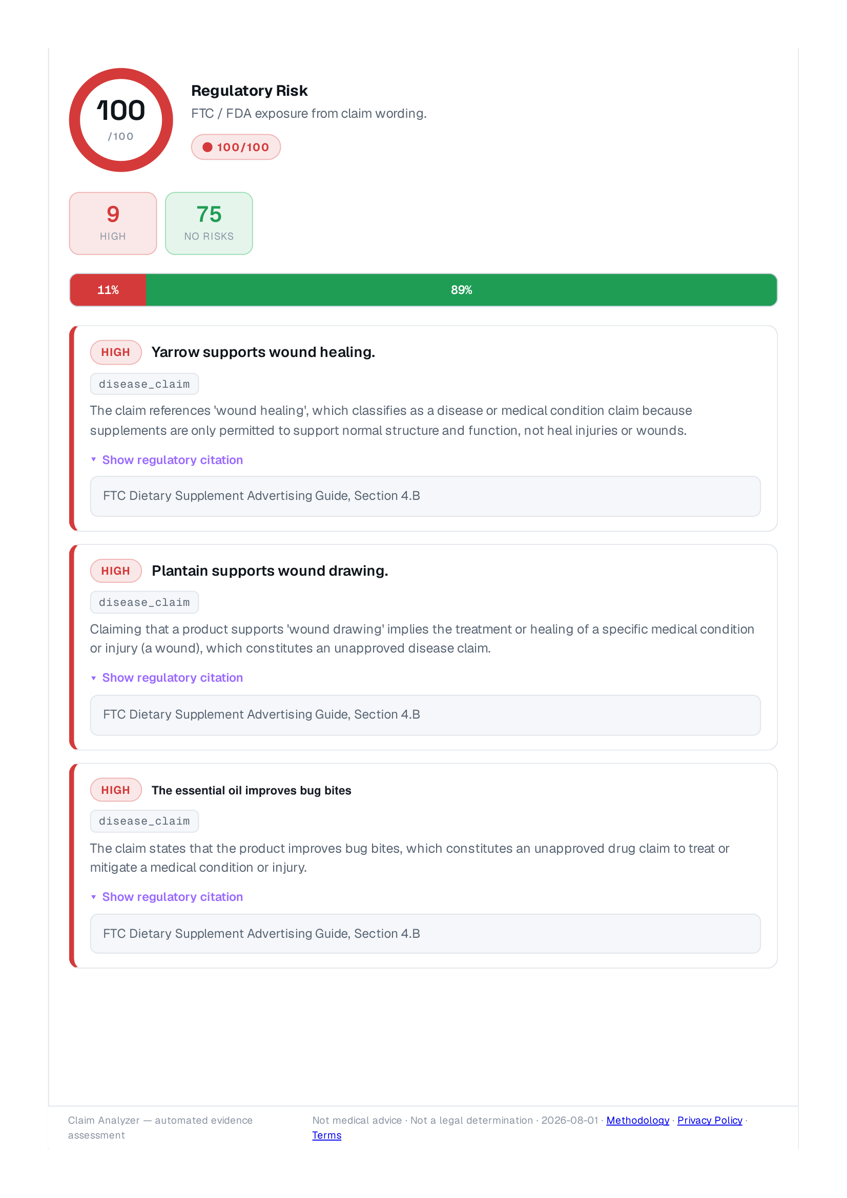 Regulatory risk page of a ClaimScan report